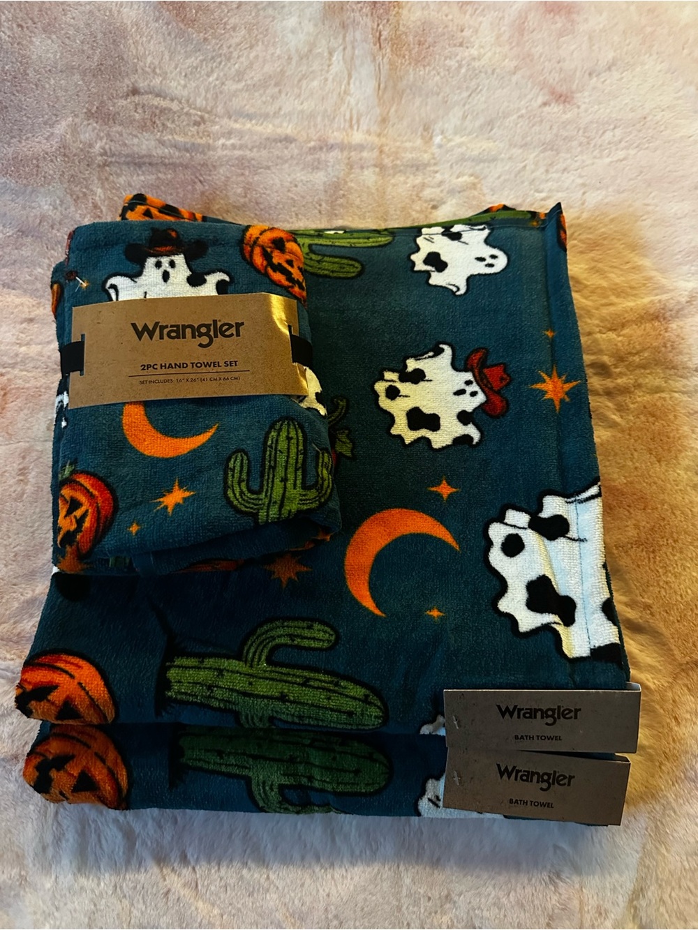 Set of 2 Bath & 2 Hand Towels - Cowboy Ghost Pumpkin NWT